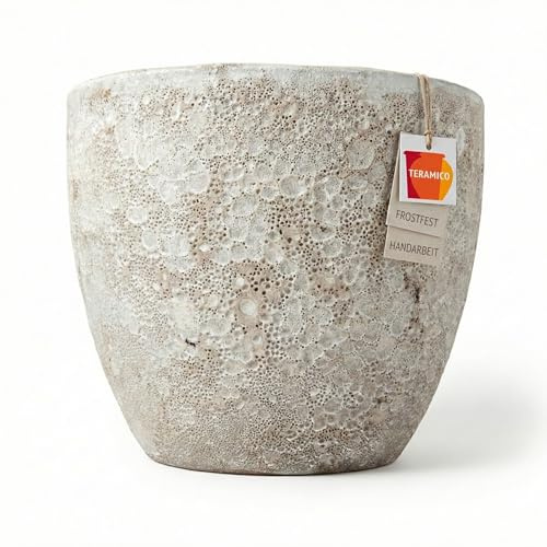 Teramico Premium Pflanzkübel Keramik glasiert – 100% Frostfest & Handarbeit. Blumenkübel mit Loch für Außen & Innen. Hochwertiger Übertopf Unikat Winterfest (Lava Weiß, 29cm x 23cm)