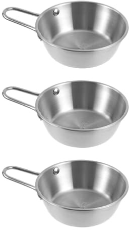 KOCKSHION 3pcs Korean Traditional Stainless Steel Rice Wine Bowls with Handle 12cm Silver Korean Kitchenware Soup and Food Bowls for Home and Restaurant Use