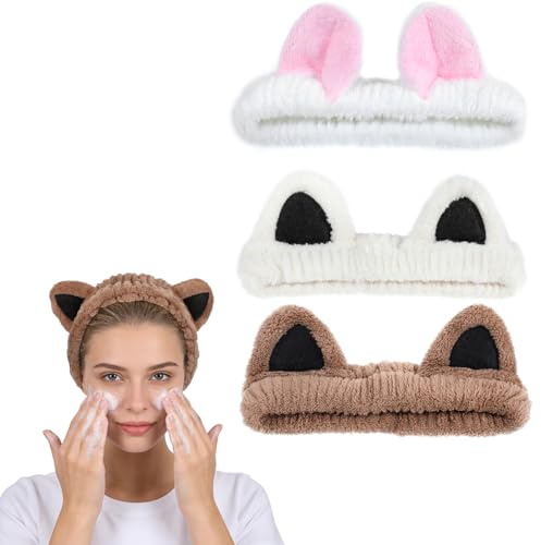 Elegaperma 3 Stück SPA Haarbänder, Haarband Kosmetik, Elastisch Katzenohren | Cosmetic Stirnband für Yoga, Sport, Duschen, Übungen, Saugfähige und Weiche (Cremeweiß, Kaffeebraun, Weiß)