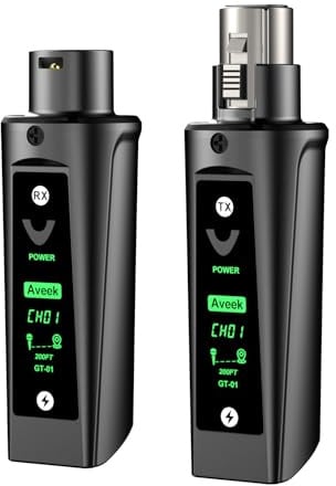 Aveek Trasmettitore/Ricevitore Wireless XLR per Micro Dinamica, Portata 60M | <2 ms Latenza,Segnale Stabile, 20H Batteria, Associazione Automatica, Microfono Wireless Adattatore per Mixer Studio Chiesa
