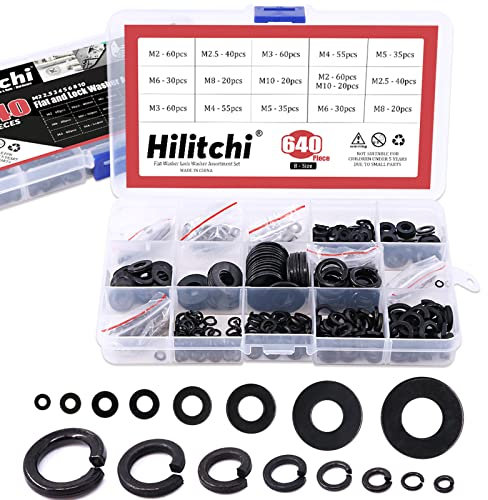 Hilitchi Juego surtido de arandelas planas y arandelas de bloqueo de aleación de acero (8 tamaños). Tamaño incluido: M2, M2.5, M3, M4, M5, M6, M8, M10