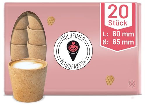 MyNaschbar Bio Kaffeetasse essbar, 20 Stück, 110 ml, 60 mm lang, Ø 65 mm –Espresso Tasse, Waffelbecher Vegan