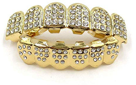 Abnehmbare Hip Hop Fake Zähne, glänzende Perlen Intarsien Oben unten Zähne für Halloween Party Zähne Grills Diamant Grill Punk Herren Dental Grills Zähne für Zähne (Gold, Ein Paar)