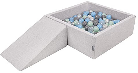 KiddyMoon Aire De Jeux en Mousse avec Carré Piscine À Balles (200 Balles) pour Enfants, Gris Clair: Perle/Gris/Transparent/Babyblue/Menthe