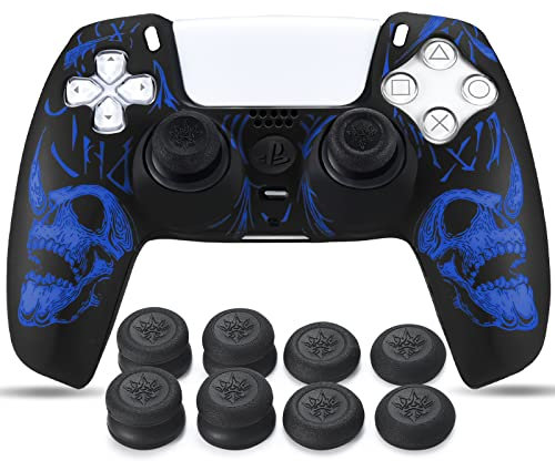 YoRHa Talla Láser Silicona Piel Skin para Mando PS5 x 1 (azul) con Agarres para el Pulgar Thumb Grips x 8
