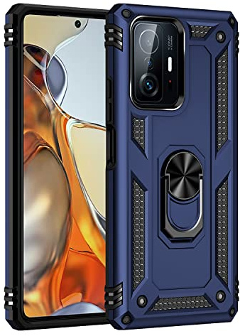 BestST Hülle für Xiaomi 11T/11T Pro + schutzfolie,HandyHülle für Xiaomi 11T/11T Pro Cover,Armor Stoßfest TPU PC Schutzhülle Ringhalter Handytasche Case, Blau
