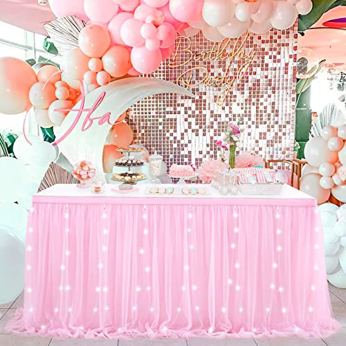 Rectangle Table Skirt Pink 14FT Tulle Table Skirting LED Tutu Tablecloth for Wedding Birthday Party Baby Shower Decorations