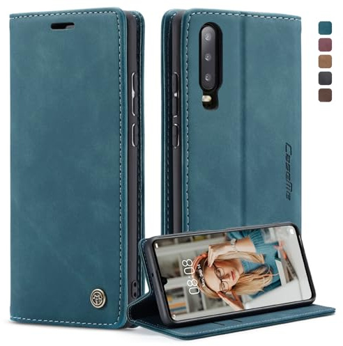 CaseMe Hülle für Huawei P30 Vintage Dünne Handyhülle mit Kartenfach Geld Slot Ständer PU Ledertasche Flip Schutzhülle für Huawei P30- Blaugrün