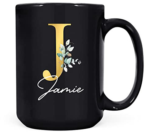 Personalised Letter J Floral Mug Initial with Name, Customised Gift, Gold Effect Printed Letter, NOT Metallic - Ceramic Coffee Cup for Men or Women, Extra Large and Giant Mug, 15oz Black Cup