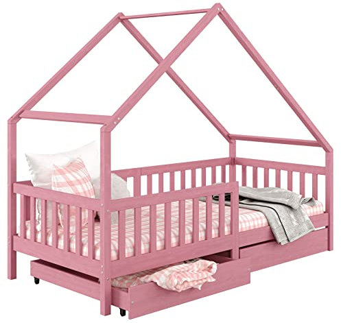 IDIMEX Lit cabane Alva lit Enfant Simple asymétrique en Bois 90 x 190 cm Montessori, avec Rangement 2 tiroirs, en pin Massif lasuré Rose