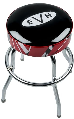 EVH Barstool, Perfect for Guitar Players and Fans, Glossy Black Faux Leather with EVH Logo, Foam Padded, With Striped Trim, 24, Black and Red