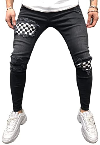 Osheoiso Jean Troué Homme Skinny Casual Slim Fit Pantalon Denim Styles Déchiré Sport Trousers avec Fermeture Éclair Casual Pants Trekking Outdoor Cargo Vintage F Noir XL