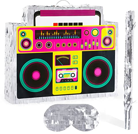 Boombox Pinata with Pinata Stick & Hanging Loop Retro 90s Hip Hop Mexican Pinata Game for Back to the 80s Party Nostalgia Radio Large Pinata Gifts 70' Theme Birthday Party Decorations Supplies