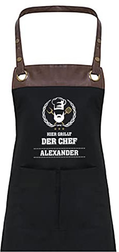 TASSENPALAST Premium Grill-Schürze mit Spruch personalisierbar mit Wunschnamen - Lustiger Spruch/Sprüche Grillschürze Lustig - Unisize (Hier grillt der Chef - Schwarz)