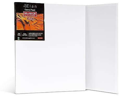Elan Panneau de Toile 50x60, 100% Coton 6-Pack de Canvas Toile Peinture, Toile à Peindre, Panneau Toile Peinture, Tableau Peinture, Tableau Toile a Peindre Coton, Tableau a Peindre, Carton Entoilé
