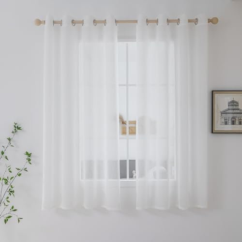 CUCRAF Leinenoptik Voile Vorhänge mit Ösen Gardinen Wohnzimmer Schlafzimmer, Off White, H160 x B140cm 2er Set