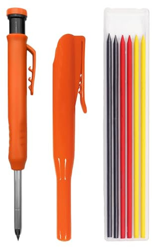 MEMOFYND 1 crayon de travail du bois avec 1 capuchon et 6 mines de rechange, marqueur à trou profond, crayon de chantier, marqueur trou profond, kit de porte-mines pour le travail du bois massif