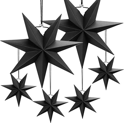 LANMOK 6pcs 7 Pointed Black Paper Stars - 4pcs 30cm DIY 3D Hanging Paper Stars & 2pcs 45cm Folded Paper Star Lanterns for 2024 New Years Eve Birthday Wedding Winter Evening Party Decoration