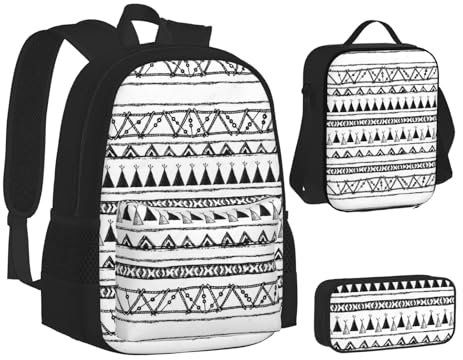WURTON Rucksack mit Indianer-Muster, 3-in-1 (Federmäppchen + Schultasche + Lunchtasche)