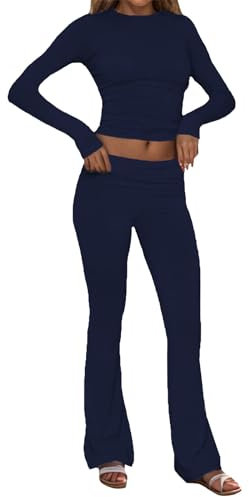 callmo Damen Skims Dupe Slim Fit 2 Stück Set Langarm Crop Top und Low Rise Flare Pants Yoga Trainingsanzug Lounge Set