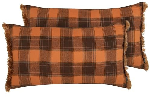 Beliani Dekokissen 2er Set Stoff orange kariert 40x70 cm mit Füllung Fransen Barja
