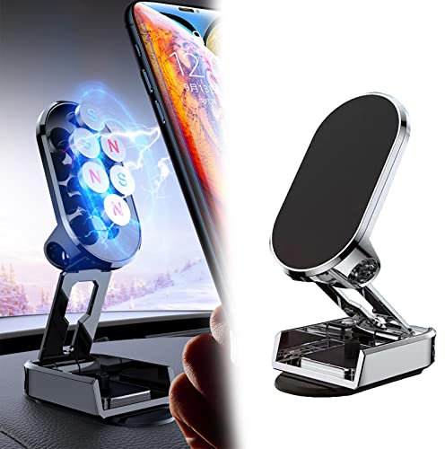 GodbTG Alloy Folding Magnetic Car Phone Holder, 【Super Magnet】【with 2 Metal Plates】 Car Magnetic Phone Holder,【360° Rotation】 Universal Dashboard Car Holder (Silver#1)