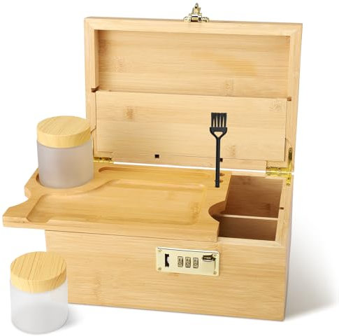 Large Bamboo Storage Organiser with Lock, Rolling Box Gift Set, 2 Airtight Glass Containers & Brush - Multi-Use Home Accessories Box for Collectibles, Coffee Beans & More