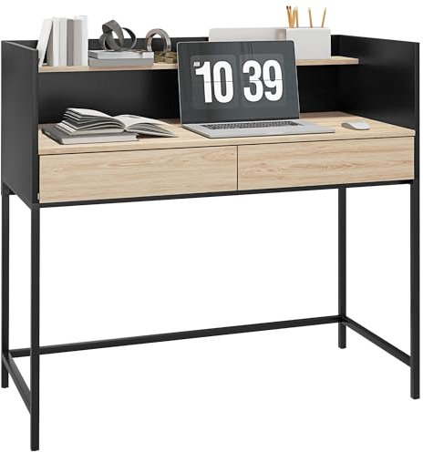 HOMCOM Bureau Table d'ordinateur avec 1 étagère, 2 tiroirs - châssis métal Noir Grand Plateau, dim. 106l x 51,5L x 102,5H cm - Noir et boisé