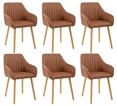 Goeurvant 6er Set Esszimmerstühle Kunstleder Braun mit Armlehne Küchenstuhl Polsterstuhl Stühle Esszimmer mit Gepolstertem Sitz und Holzbeine für Wohnzimmer