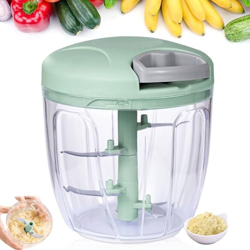 Vegetable Chopper 900ml - Multi-Function Manual Food Processor - Hand-Pull Design with Handle & Lid - Slicer, Dicer & Blender for Onion, Garlic, Peppers, Fruits, Nuts, Herbs (Green)
