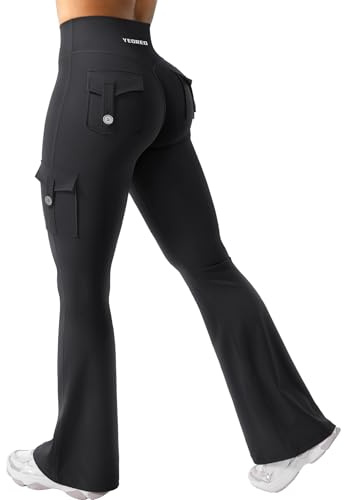 YEOREO CoreFlex Women Workout Flare Leggings with Pockets Hidden Scrunch High Waisted Cargo Gym Yoga Leggings Black S