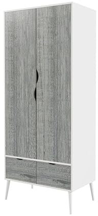 URBNLIVING 180cm Tall Freestanding White Wardrobe with Ash Grey 2 Door 2 Drawer Modern Shelf Clothes Storage Scandi Legs Cupboards Hanging Rail Unit for Bedroom