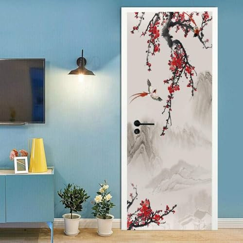 Stickers Porte Japon Sticker Porte Trompe l'oeil Fleurs de Cerisier Papier Peint Auto Adhésif, PVC Imperméable Poster Autocollants pour Salon Cuisine Chambre Salle de Bain 85 x 200 cm C381
