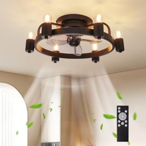 zhxinashu Industrial Retro E27 Ceiling Fan with Remote Control, 6-Speed Reversible Ceiling Fan with 3 Blades for Bedroom, Living Room, Dining Room(Black)
