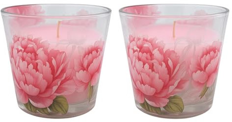Dekohelden24 2er Set Duftkerzen, Aromakerzen, Kerzen im Glas, Blumenkerzen, Sommerkerzen, Gartenkerzen, Rosenkerze, Outdoorkerze, 115g, Maiglöckchen und Pfingstrose, Brenndauer 30h pro Kerze, Ø 9cm.