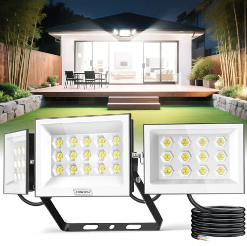 Viugreum 150w LED Strahler, 15000 LM led strahler außen, 6500K Drei-Kopf flutlichtstrahler außen, IP66 aussenstrahler led wasserdicht, 156 Wabenlampenperlen außenstrahle für Garage, Hof, Garten