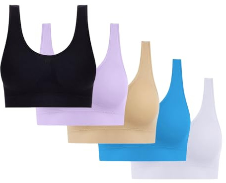 5 Pieces Women's Sports Bra Ladies Bras V Neck Push up Bras Seamless Crop Tops Vest Wide Back Bra Full Coverage Non Wired Sleep Bra Comfy Cami Bras Backless Bras with Removable Pads Yoga Lounge Bras