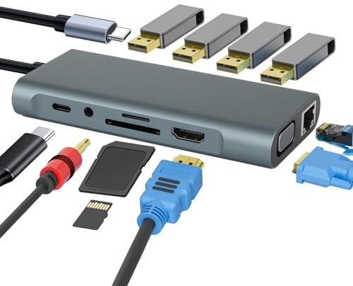 USB C Hub, PD100W, 4K HDMI, 4*USB A, TF/FD, VGA, Gigabit Ethernet, Audio, 11 in 1 Docking Station USB C, USB-Adapter Kompatibel mit MacBook Pro/Air, US B-Verteiler Kompatibel mit MacBook Adapter