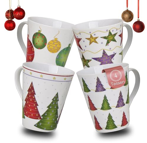 Schönes Weihnachtstassen 4er Set - große 300 ml Kaffee-Tassen mit bunten Weihnachtsmotiven
