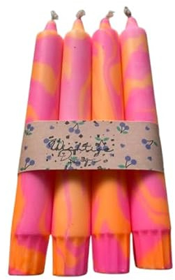 Dip Dye Kerzen 4er Set – Handgefärbte marmorierte Stabkerzen Neon Orange & Pink (Marble Look Dip Dye) 22×190 mm – Neon Kerzen Handmade Leipzig – Bunte Deko & Geschenkset