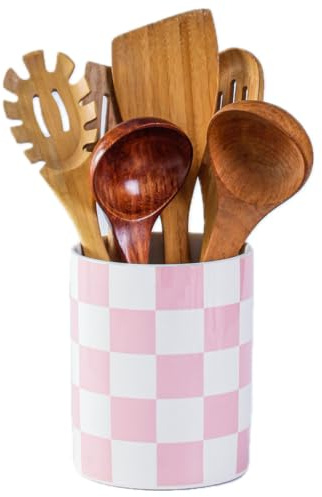 Joyramic Kitchen Utensil Holder, 6.3 Inch Checkered Ceramic Cooking Utensil Holder Modern Utensil Crocks for Kitchen Counter-Farmhouse, Housewarming Gift, Decor and Accessories (Pink-White, 16 cm)
