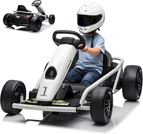 Kinder Elektro Go-Kart 24V - Elektroauto Mit Driftfunktion, 2x300W Hochleistungsmotoren, Bis 13 Km/h, 9Ah Akku, Soft-Start, Musik & Hupe, Vollmetallrahmen, Extra Breiter Sitz - Für 8-12 Jahre, Weiß