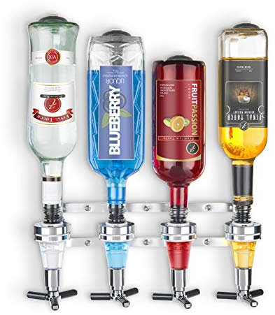 Final Touch 4 Bottle Wall Mounted Bar Caddy Drinks Optics Set Porte-Bouteille pour Un Montage Mural Distributeur de Bouteilles et Ses 4 becs verseurs doseurs Chrome