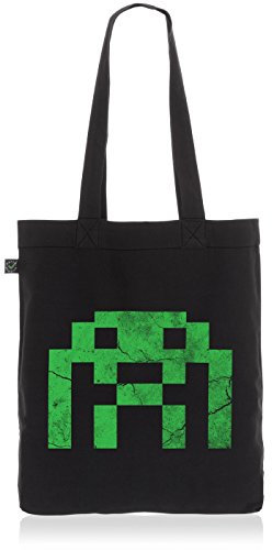 style3 Pixel Invader Biobaumwolle Beutel Jutebeutel Tasche Tote Bag Alien Space, Farbe:Schwarz