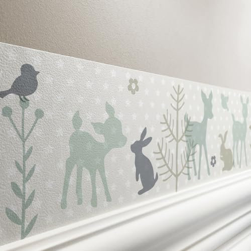 lovely label Bordüre selbstklebend HÄSCHEN & REHE MINT BEIGE - Wandbordüre Kinderzimmer Babyzimmer mit Hase & Reh Waldtiere - Wandtattoo Schlafzimmer Mädchen & Junge – Wanddeko Baby Kinder