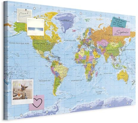 murando Tableau à Épingles, Panneau en Fibres de Bois Carte du Monde 120x80 | Punaises Incluses, Panneau et Tableau sur Toile 2-en-1, Décoration Murale, Idéal pour Notes au Bureau, Idée Cadeau