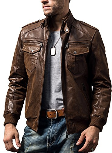FLAVOR Bikerjacka i äkta läder för män Retro Brunt äkta läder (XL, Brun)