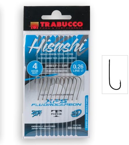 Lenza Montata Trabucco HISASHI Surfcasting – Amo F-31 SURF Black Nickel Forgiato – XPS 100% Fluorocarbon 200 cm – Beach Ledgering e Mare Calmo