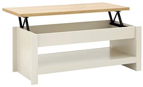 GFW Lancaster Cream and Oak Lift Up Coffee Table, Storage Coffee Table with Raising Top and Lower Shelf, Country Style Living Room Furniture