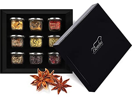 BOTANICHE ESSENZIALI PER GIN TONIC - 9 Botaniche di Base per il Tuo Gin Tonic in 9 Vasetti di Vetro per Professionisti e Appassionati – Sprigiona la Tua Fantasia – Regalo Elegante per Ogni Occasione